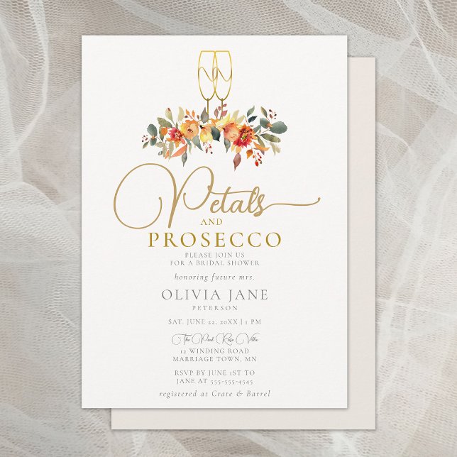 Petals Prosecco Autumn Guld Fall Möhippa Inbjudningar (petals prosecco fall bridal shower invitation autumn gold leaves foliage floral elegant rustic boho)