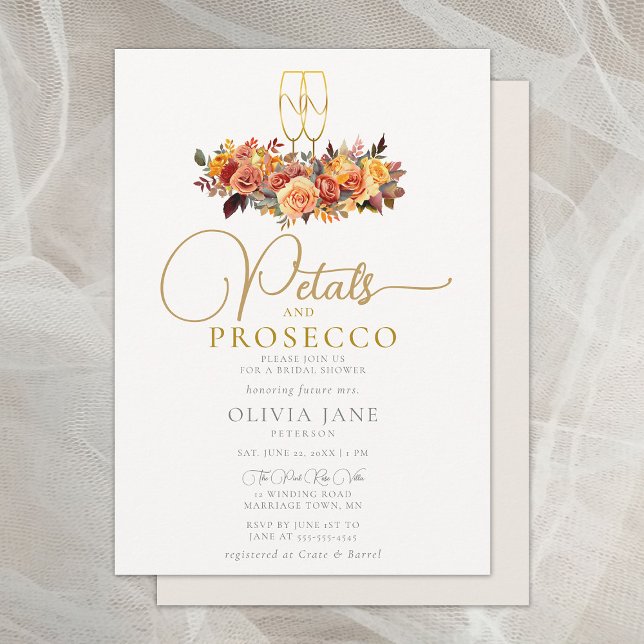 Petals Prosecco Autumn Ro Fall Möhippa Inbjudningar (petals prosecco fall leaves roses bridal shower invitation elegant rustic boho autumn gold botanical)