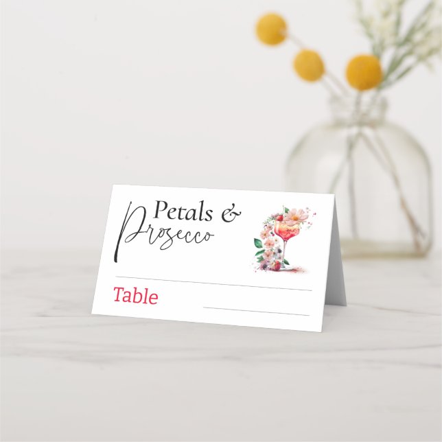 Petals Prosecco Blommig Bröllopsdusch Brunchfest Placeringskort (Framsida)