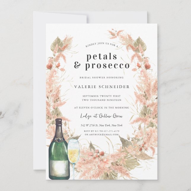 Petals & Prosecco | Blommigt Champagne Möhippa Inbjudningar (Framsida)