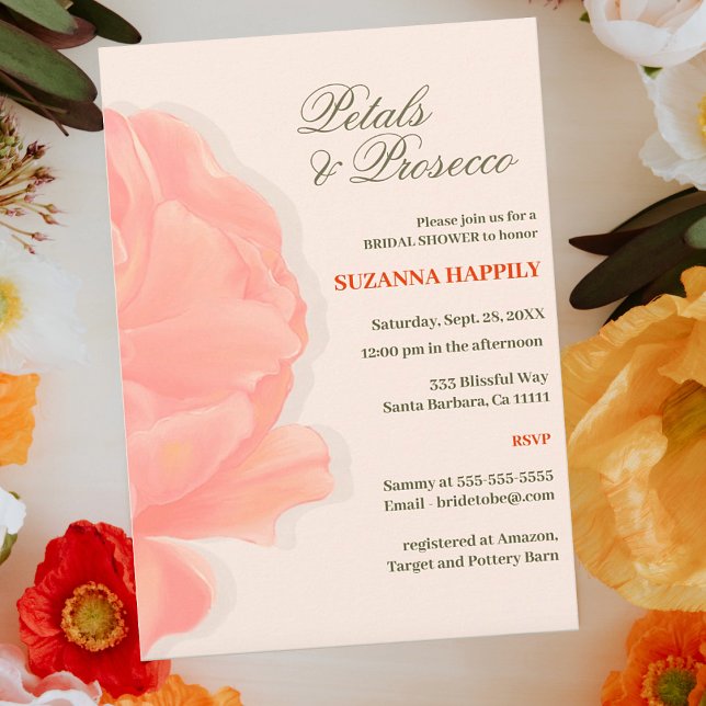 Petals & Prosecco Blommigt  Rosa Möhippa Inbjudningar (Petal and Prosecco Floral Pink Bridal Shower Invitations.)