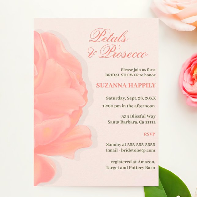 Petals & Prosecco Blommigt  Rosa Möhippa Inbjudningar (Petals and Prosecco Blush Pin Bridal Shower Invitations.)