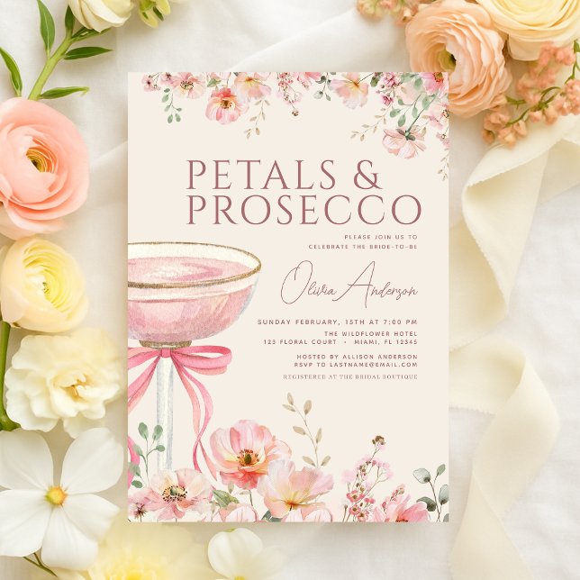Petals & Prosecco Blush Pink Bow Bridal Shower  Inbjudningar (Skapare uppladdad)