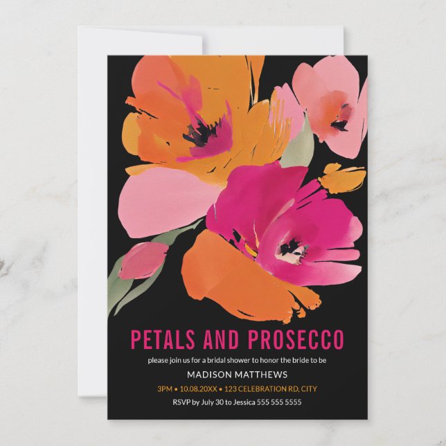 Petals & Prosecco Bright Abstrakt Blommigt Black Inbjudningar (Framsida)