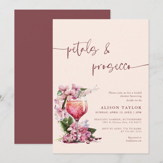 Petals & Prosecco Bröllopsdusch Boho Mauve Inbjudningar (Fram/baksida)
