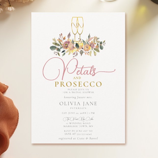Petals Prosecco Harvest Flowers Fall Möhippa Inbjudningar (fall bridal shower invitation petals and prosecco floral watercolor elegant calligraphy)