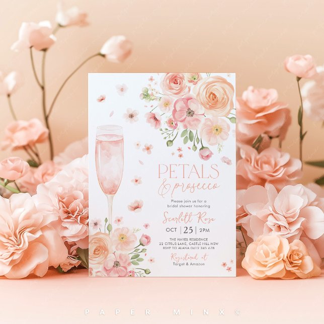 Petals Prosecco Möhippa Kärlek i Bloom Peach Inbjudningar (Petals & Prosecco Floral Bridal Shower Invitation)