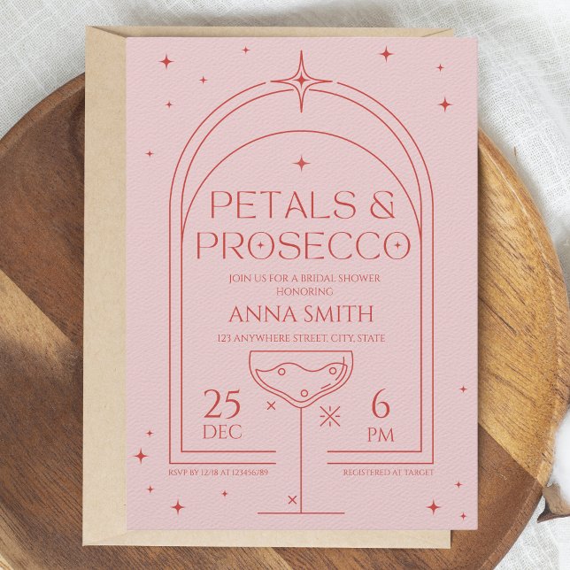 Petals & Prosecco Retro Rosa Red Möhippa Inbjudningar (Petals & Prosecco Bridal Shower invitation)