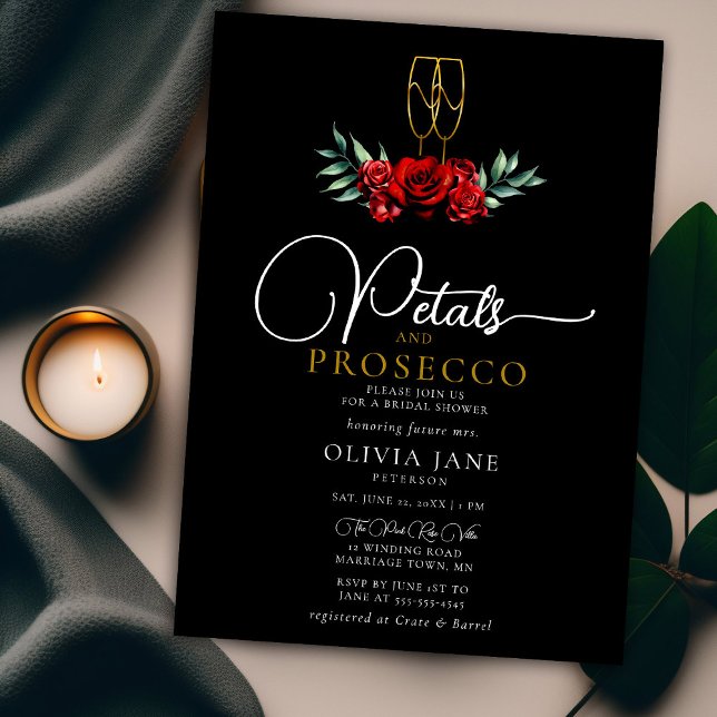 Petals Prosecco Röd ros Guld Mörk Möhippa Inbjudningar (Skapare uppladdad)