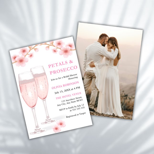 Petals & Prosecco Rosa Blommigt Photo Möhippa Inbjudningar (Petals and Prosecco Blush Pink Watercolor Floral Photo Bridal Shower Invitation )