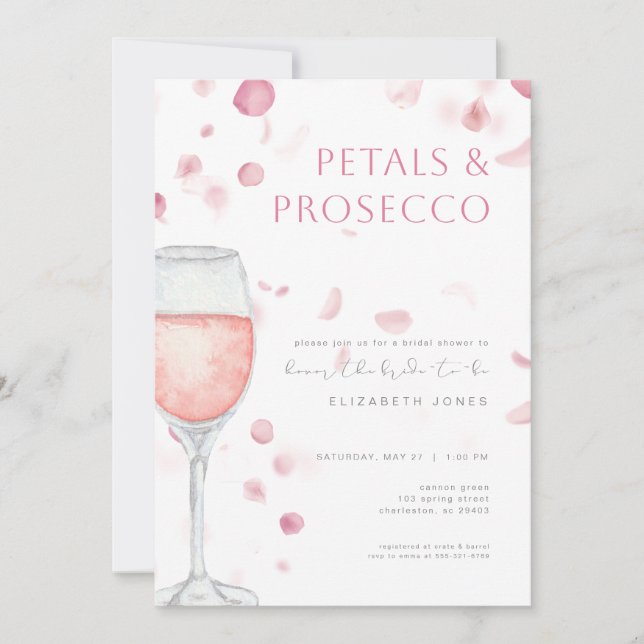Petals & Prosecco Rosa Inbjudningskort för möhippa (Framsida)