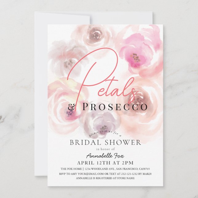 Petals & Prosecco Watercolor Ro Möhippa Inbjudningar (Framsida)