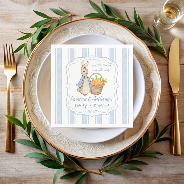 Peter kanin, dammig blå rand babydusch anpassnings pappersservett (Peter rabbit dusty blue stripes baby shower monogrammed  napkins personalized table decor)
