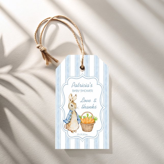 Peter kanin, dammig, blå rand babydusch presentetikett (Peter rabbit dusty blue stripes baby shower favor gift tags personalized printed favor tags)