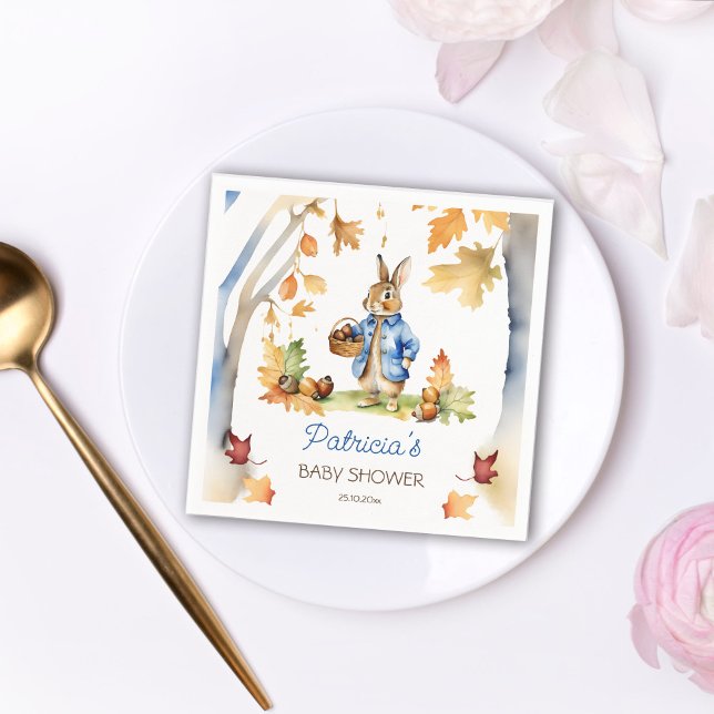 Peter kanin faller babydusch bordsartiklar pappersservett (Peter rabbit baby shower tableware personalized party plates cute bunny acorn basket oak trees fall)