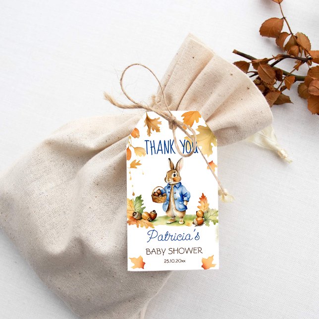 Peter kanin faller babydusch tack för att du föred presentetikett (Peter Rabbit baby shower thank you favor gift tags cute bunny blue jacket acorn basket fall themed)
