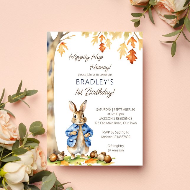 Peter kanit faller temamall för födelsedagsfest inbjudningar (Peter rabbit birthday party template invitation digital download fall themed boys birthday template)