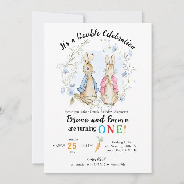 Peter och Flopsy Rabbit Syskon Birthday Inbjudningar (Framsida)