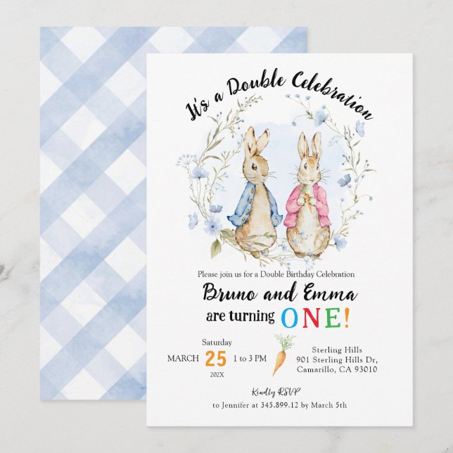 Peter och Flopsy Rabbit Syskon Birthday Inbjudningar (Fram/baksida)