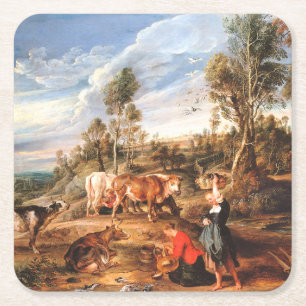 Peter Paul Rubens Milkmaids med nötkreatur i Lands Underlägg Papper Kvadrat