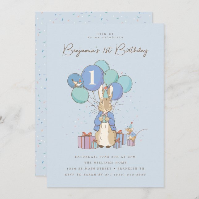 Peter Rabbit 1st Birthday Blue Confetti Inbjudningar (Fram/baksida)