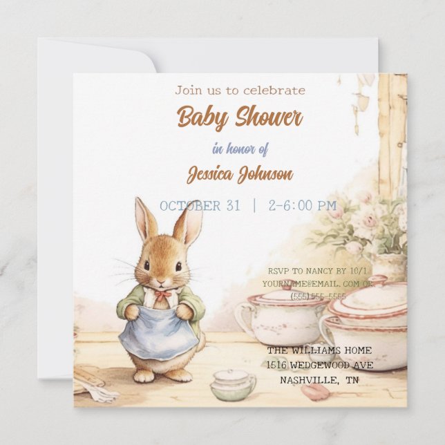Peter Rabbit Baby Shower-inbjudan Spara Datumet (Framsida)