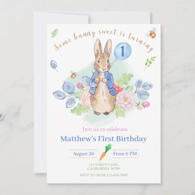 Peter Rabbit Birthday bjudande Bunny 1st Inbjudan (Framsida)