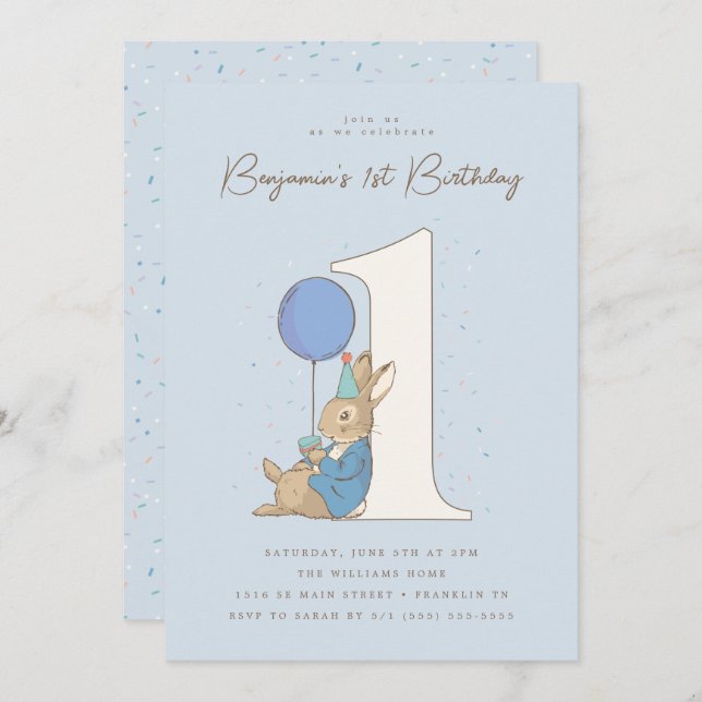 Peter Rabbit | Boy 1st Birthday Blue Confetti Inbjudningar (Fram/baksida)