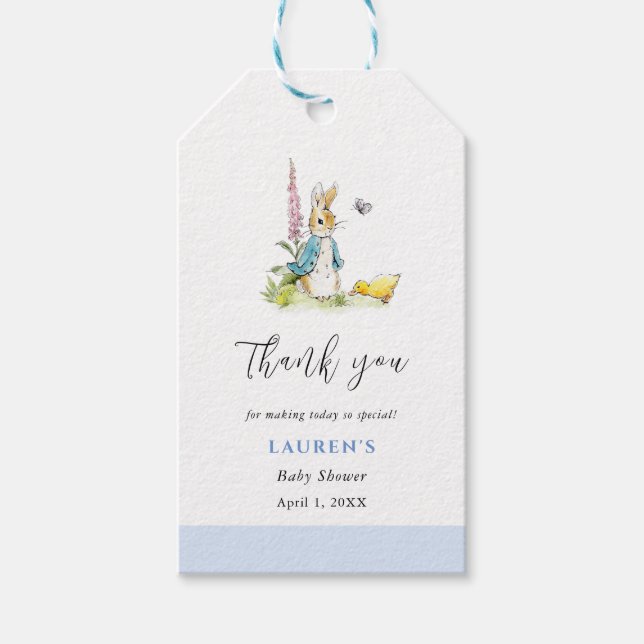 Peter Rabbit Boy Baby Shower tack Presentetikett (Framsidan)
