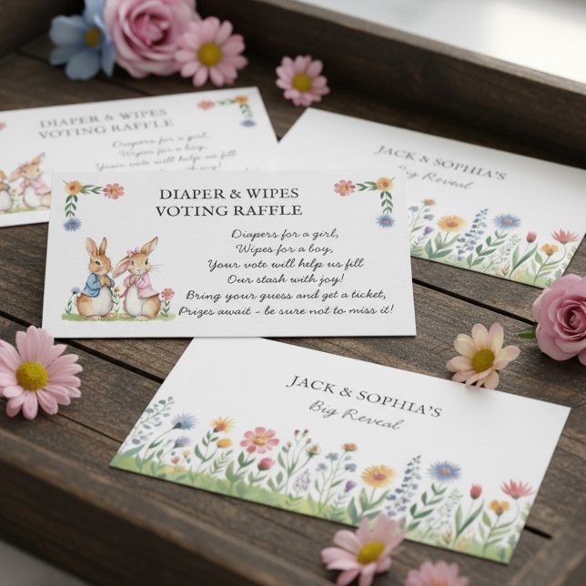 Peter Rabbit Diaper and Wipes Raffle Guessing Game Tilläggskort (Peter Rabbit storybook themed gender reveal diaper & wipes voting raffle cards)