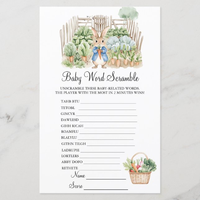 Peter Rabbit Garden Scramble Baby Shower Game (Framsida)