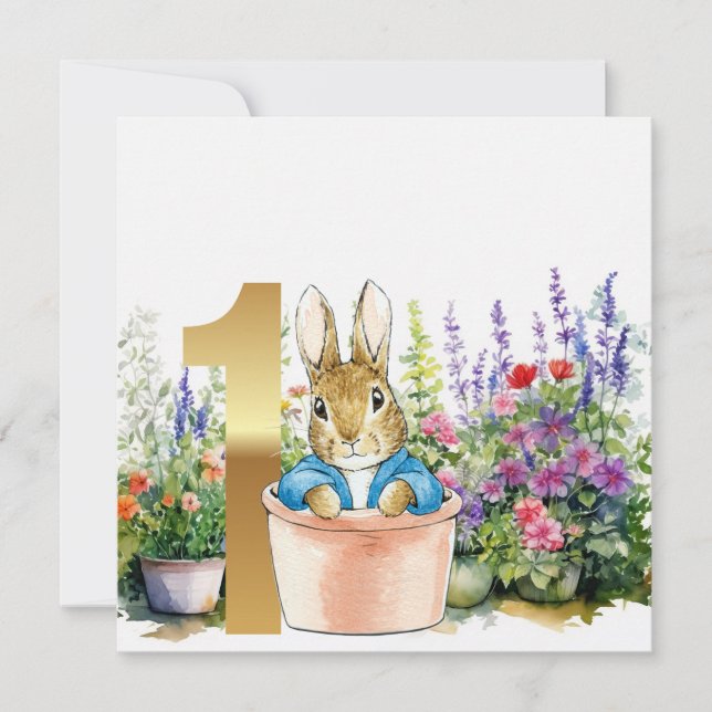 Peter Rabbit i en kruka första födelsedag Inbjudningar (Framsida)