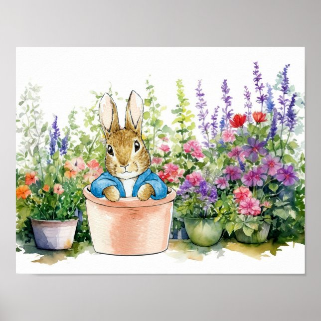 Peter Rabbit i pottväxten i trädgården Poster (Framsidan)