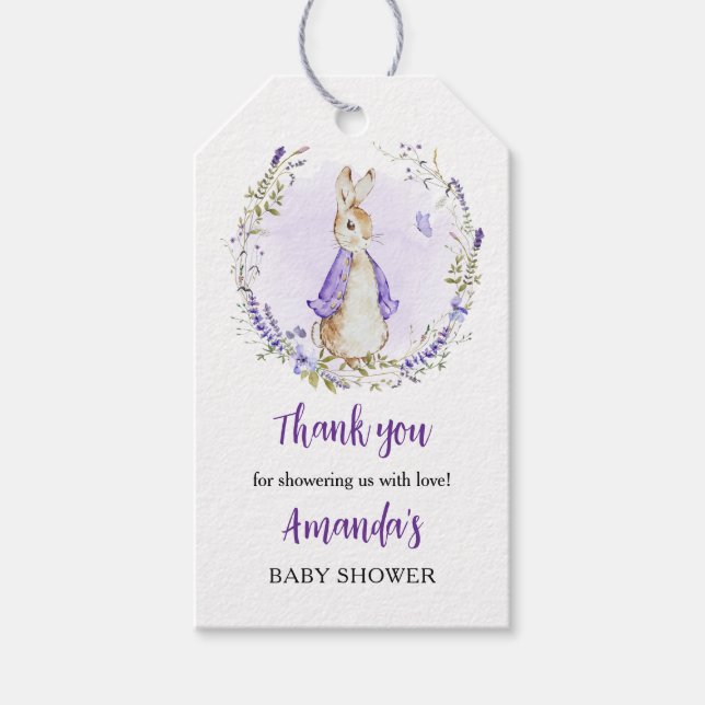 Peter Rabbit Lila Baby Shower Tack Presentetikett (Framsidan)