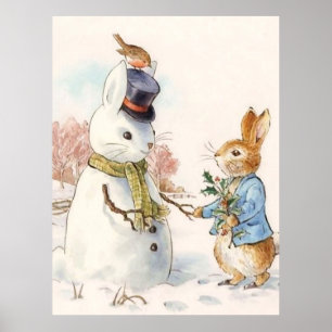 Peter Rabbit och Snögubbe efter Beatrix Potter Poster