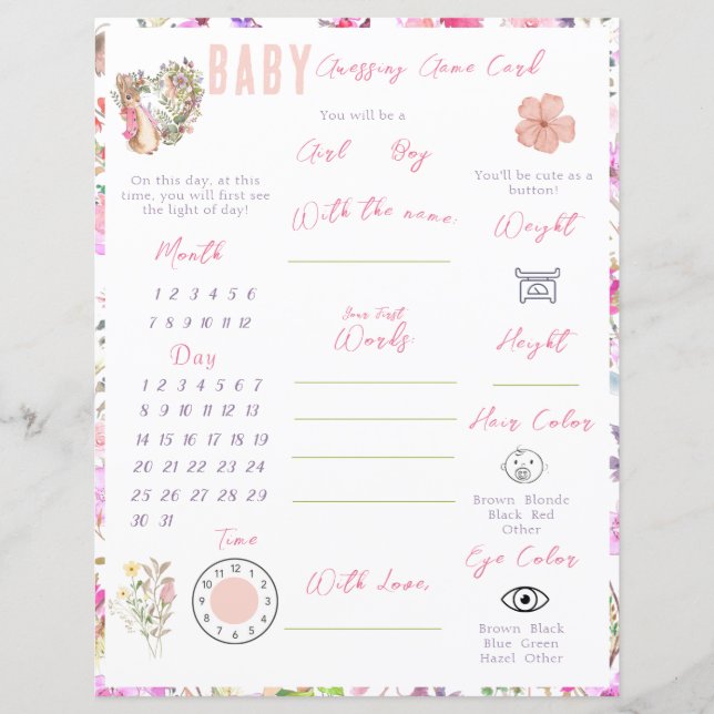 Peter Rabbit Rosa Blommig Flick Baby Shower (Framsida)