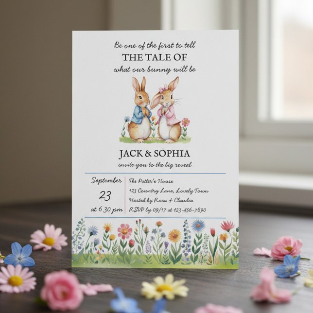 Peter Rabbit Themed Gender Reveal Inbjudningar (Peter Rabbit storybook themed gender reveal invitation)