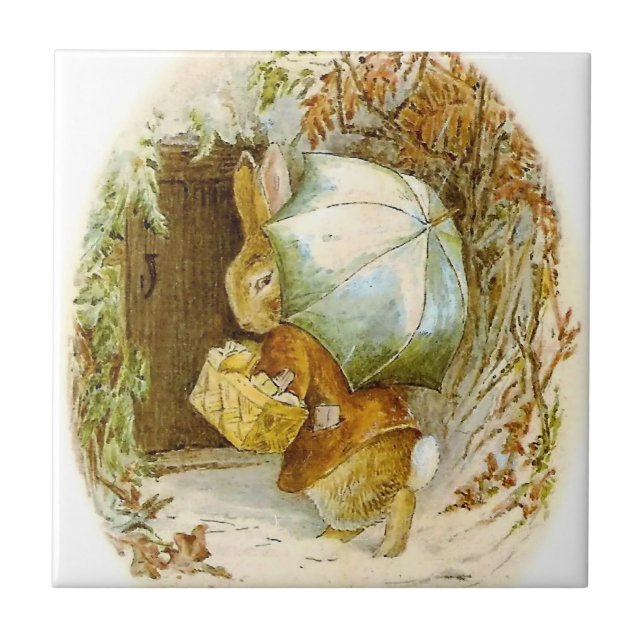 "Peter Rabbit with Winter Umbrella" av Beatrix Pot Kakelplatta (Framsidan)
