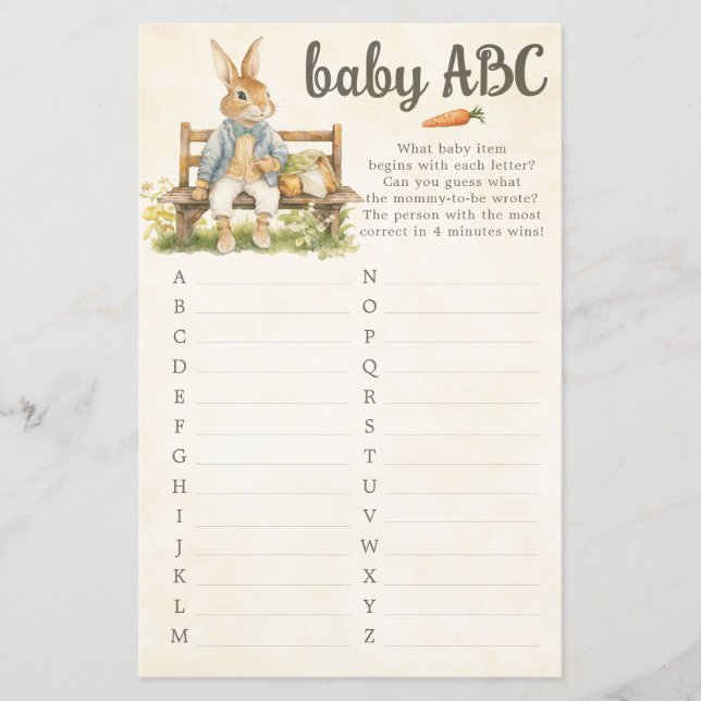Peter The Rabbit Baby Shower ABC Spelkort (Framsida)