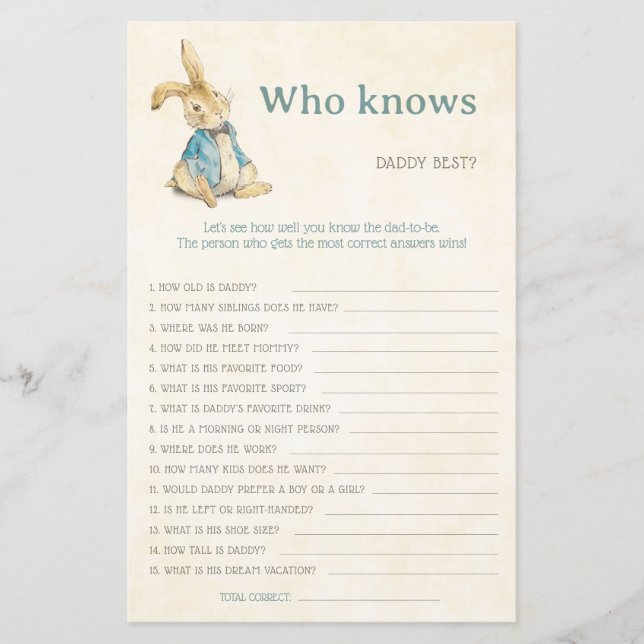 Peter the Rabbit Baby Shower som känner pappa Game (Framsida)