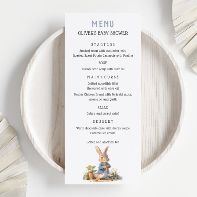 Peter the Rabbit Blue Baby Shower Menu Meny (Skapare uppladdad)