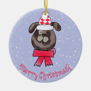 Petit chien de Noël avec une écharpe tricotée Julgransprydnad Keramik