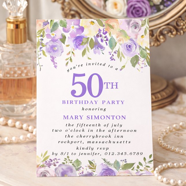 PETITE 50-årsfirande Lila Ros Blommig Inbjudningar (Skapare uppladdad)