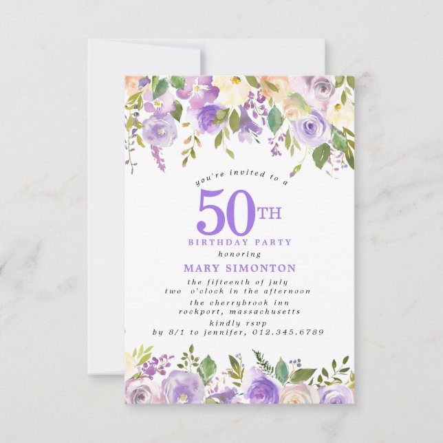 PETITE 50-årsfirande Lila Ros Blommig Inbjudningar (Framsida)