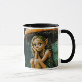 Petite fée sous la pluie abritée par un champignon mugg
