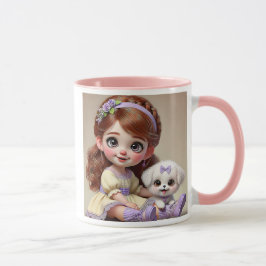 Petite fille au bandeau fleuri et son chiot blanc. mugg