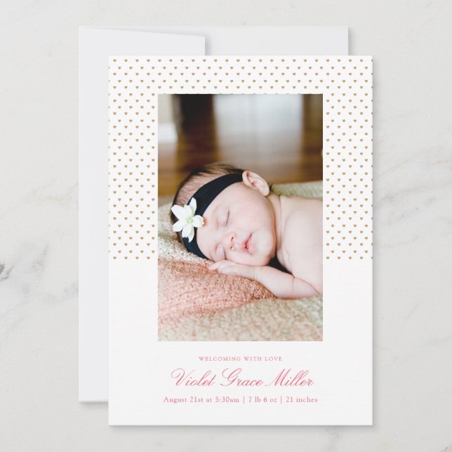 Petite Hearts Birth Notification Meddelande (Framsida)