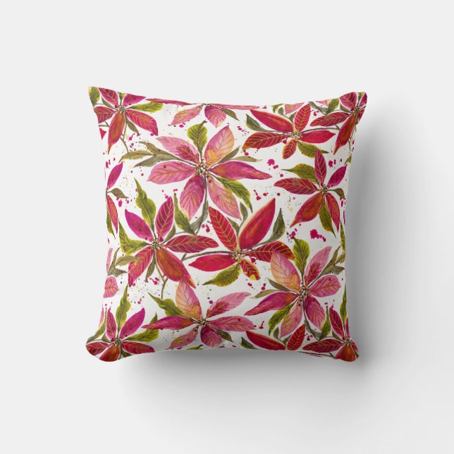 Petite Poinsettia Watercolor Helgdag Blommigt Kudde (Framsida)