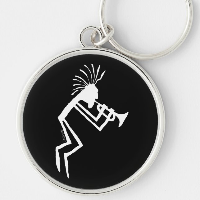 Petroglyph för Kokopelli trumpetspelare Rund Silverfärgad Nyckelring (Framsidan)