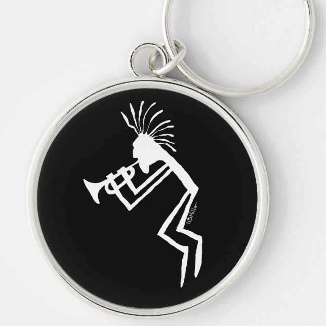 Petroglyph för Kokopelli trumpetspelare Rund Silverfärgad Nyckelring (Framsidan)